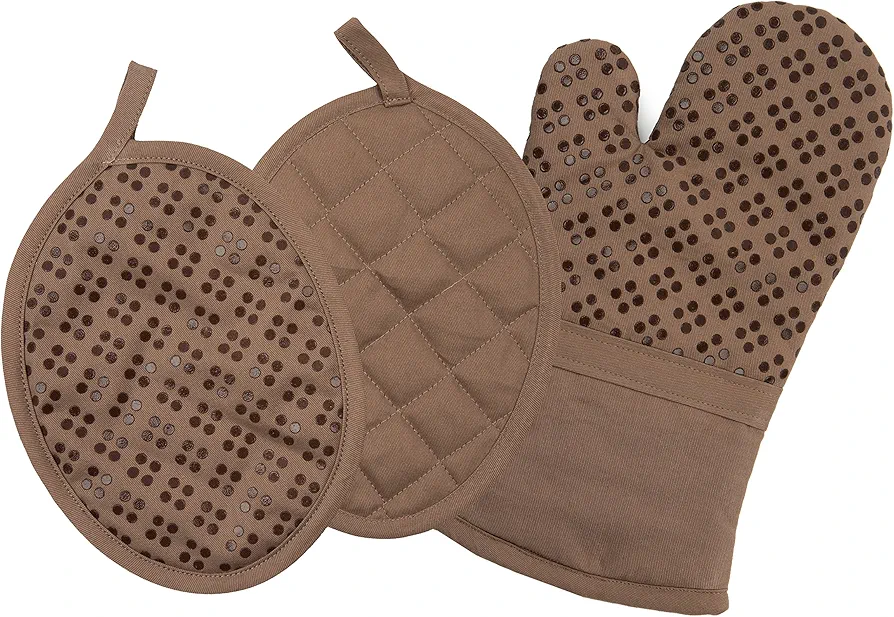 Oven Mitt and Pot Holders Silicone Set of 3, Non-Slip Kitchen Hot Pads and Oven Mitts Set, Oeko-Tex 100% Cotton Shell, Brown