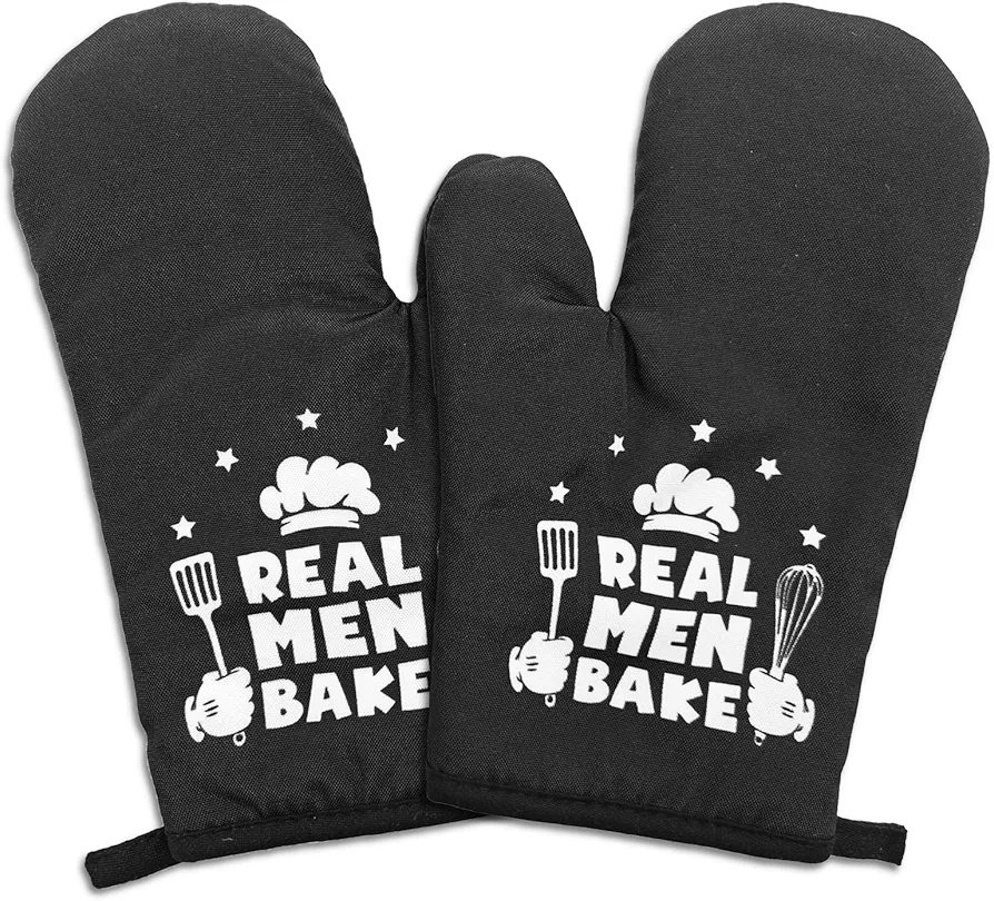 2 Pcs Funny Oven Mitts Real Men Bake Heat Resistant Mitts Adult Humor Silicone Non-Slip Oven Mitts with Hanging Loop Funny Kitchen Accessories Gifts for Men Father Husband Boyfriend Chef