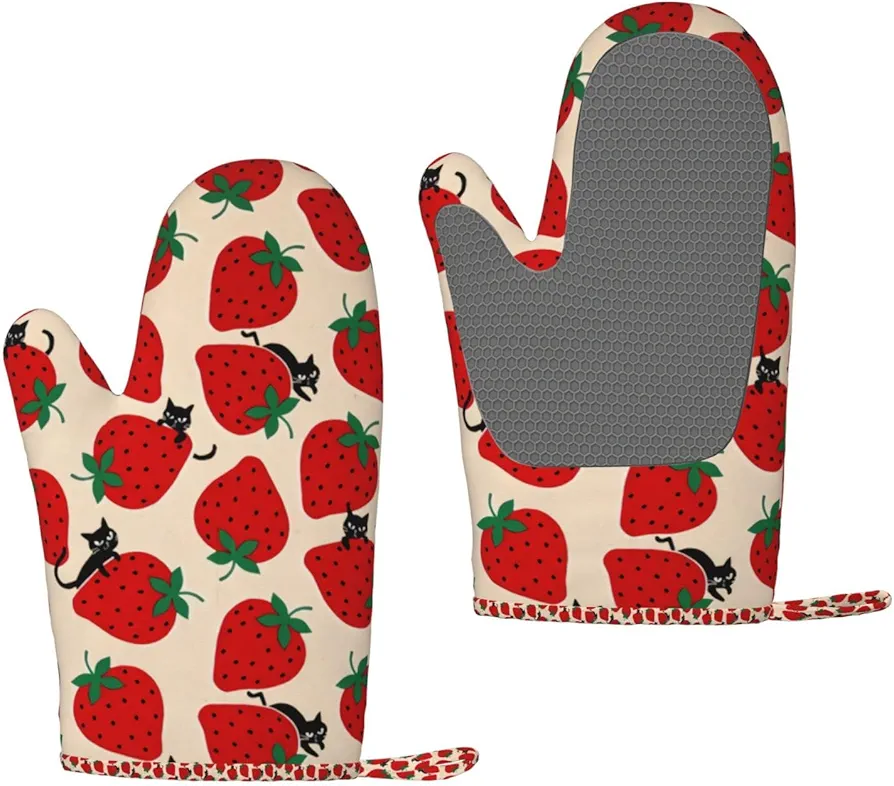 Black Cat On Red Strawberry Oven Mitts and Potholders (2-Piece Sets) -Silicone Oven Mitts Kitchen Set with,Home Cute Strawberry Heat Resistant BBQ Gloves for Kitchen Baking Cooking Grilling Microwave