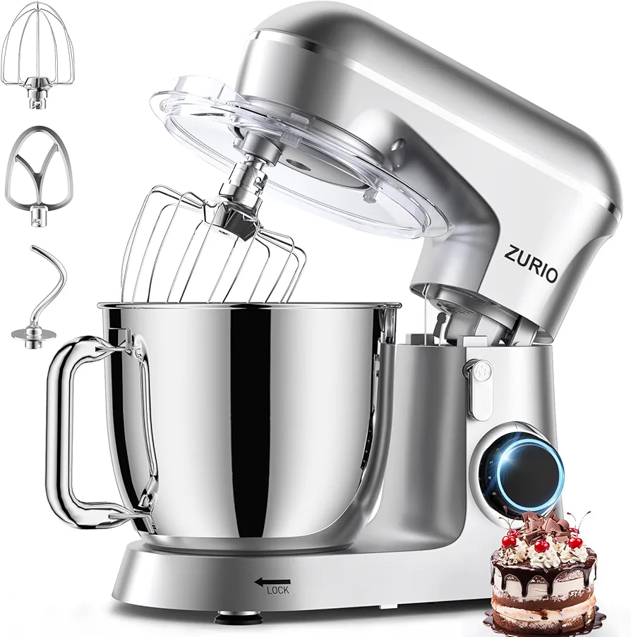Stand Mixer, Zurio 6 Quarts Electric Mixer, 10-Speed Tilt-Head Food Mixer with Stainless Steel Bowl, Dishwasher-Safe Attachments for Home Baking
