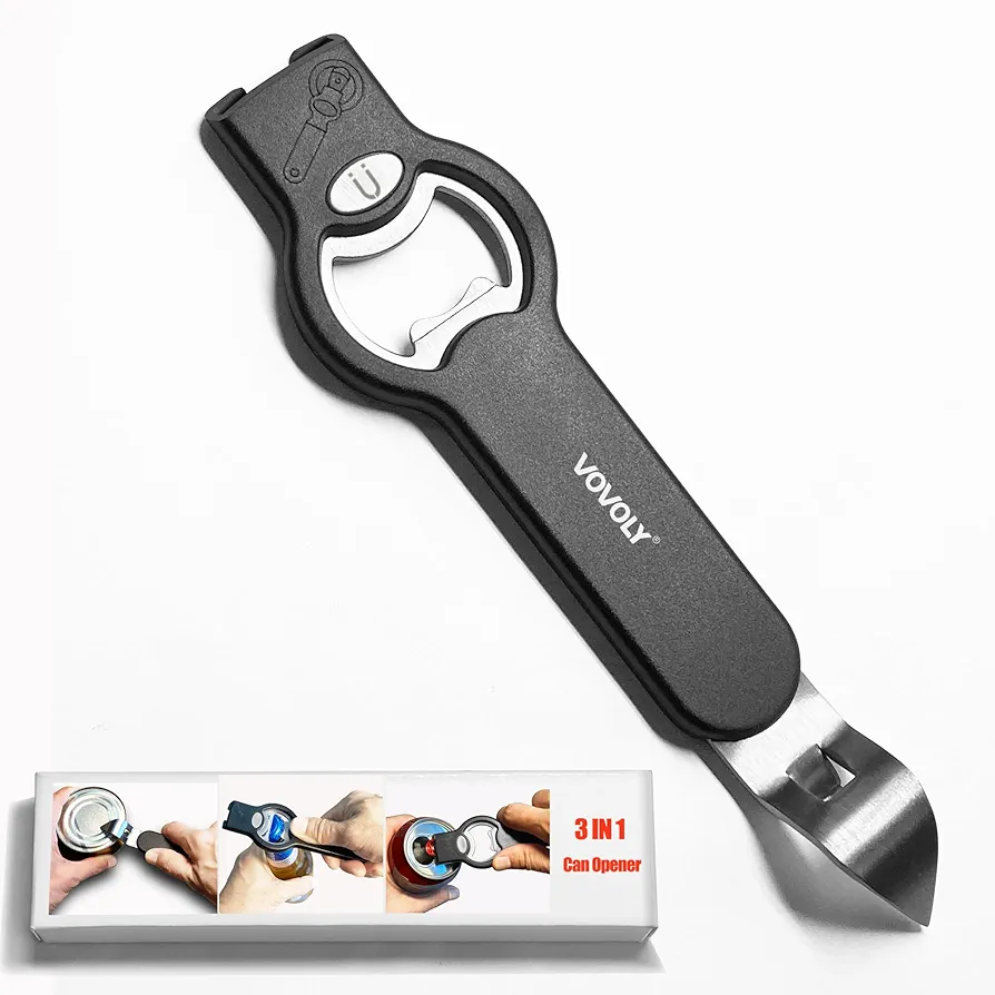 Upgraded 3-in-1 Magnetic Bottle and Can Opener for Refrigerator, Stainless Steel Manual Can Punch Opener for Liquid with Cap Catcher, Stick to Fridge, Can Tapper Church Key with Strong Magnet, Black