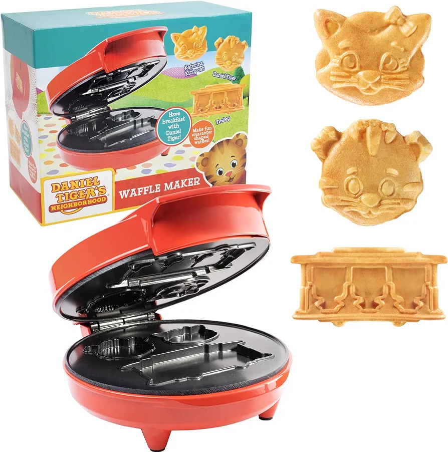 Daniel Tiger Waffle Maker Iron- Electric Nonstick Waffler Feat. 3D Mini Character Shaped Waffles Pancakes- Daniel Tiger, Katerina KittyCat & Trolley-Holiday Breakfast Fun for Kids- Fun Christmas Gift