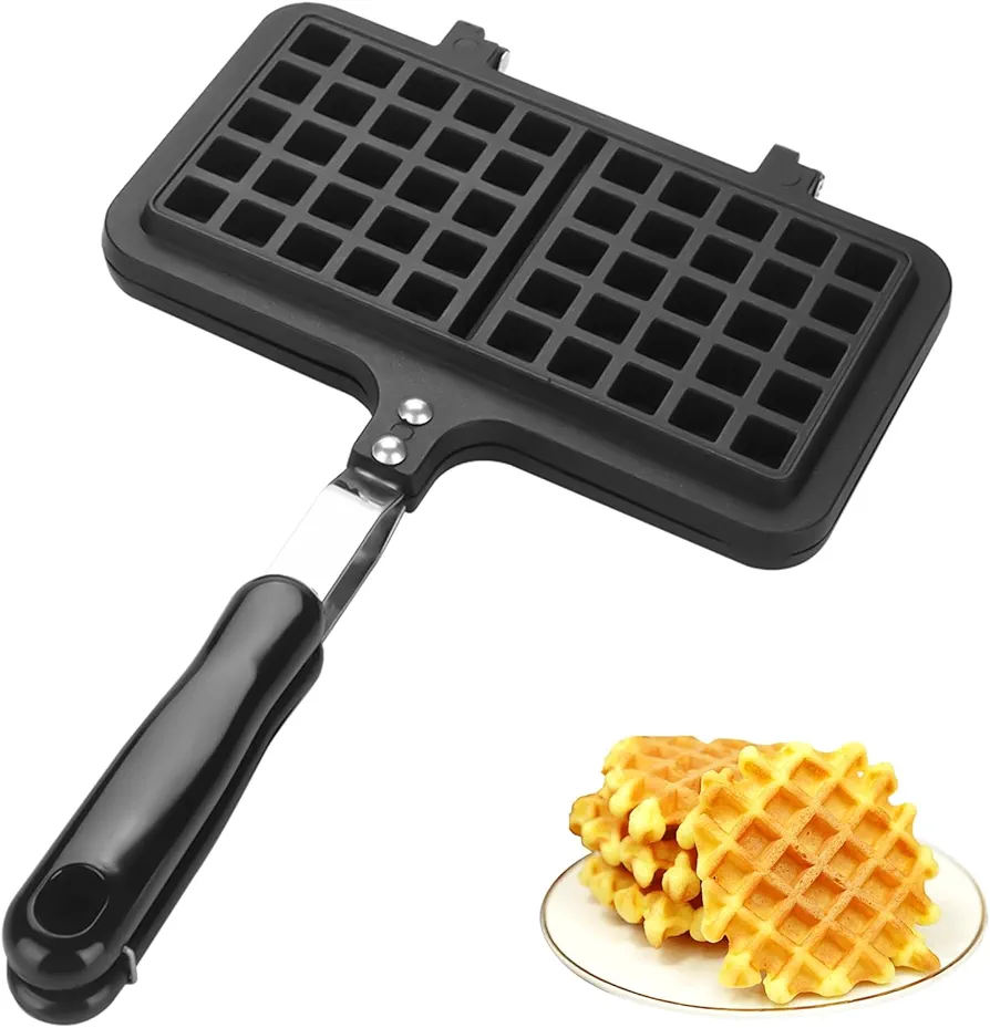 Cast Iron Waffle Maker, Non-stick Aluminum Stovetop Double Mini Waffle Baking Pan for Snacks Breakfast Dessert, 8.5 x 13.2inch Stovetop Belgium Waffle Iron Maker Waffle Pan Pie Maker Waffle Pan Pot