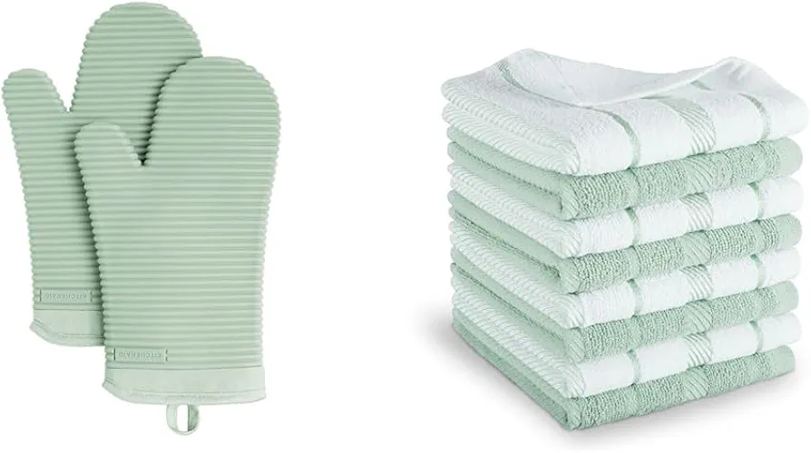 KitchenAid Ribbed Soft Silicone Oven Mitt Set, Pistachio, 7.5"x13", 2 Count & Albany Dishcloth 8 Pack Set, Pistachio/White, 12"x12"