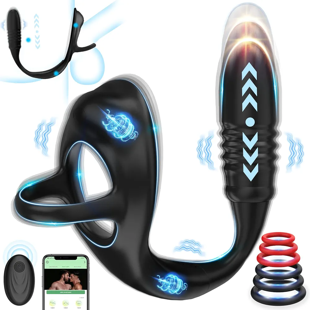Vibrating Cock Rings with Anal Vibrator - Sex Toys for Men Penis Ring with Anal Plug Vibrator Male Prostate Massager, 9 Thrusting & Vibrating Modes, APP Remote Control Vibrator Adult Sex Toys & Game…