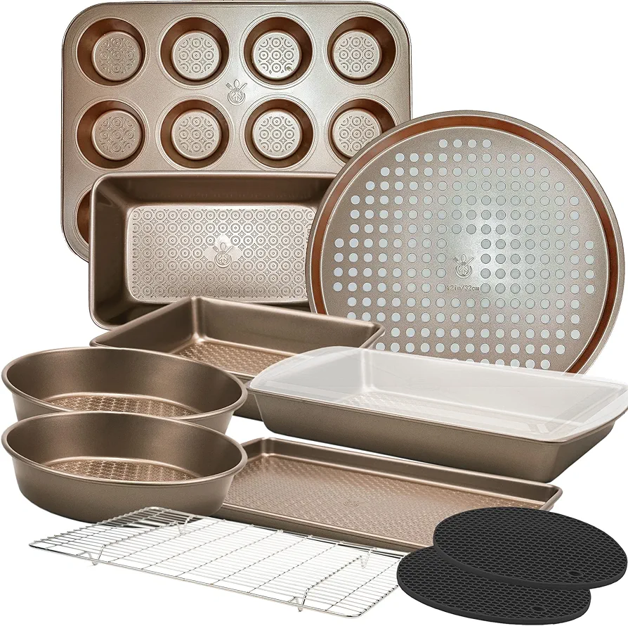 KITCHENATICS 12 PC Nonstick Bakeware Set, Heavy Duty Professional Kitchen Baking Pan Set Cookie Sheet Set, Cooking Baking Set, Baking Pans, Carbon Steel Bakeware Set, Oven Pan Set - Champagne Gold
