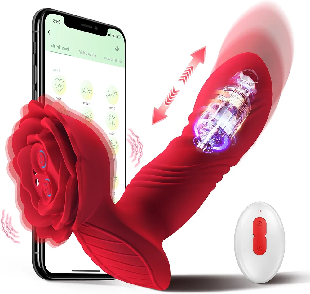Thrusting Prostate Massager Rose Toy Vibrator - 2 in 1 Anal Plug Vibrators Sex Toys for Woman Men with 9 Thrusting & 9 Vibrating Modes, App Remote Control Butt Plug Stimulator Adult Toy for Couples