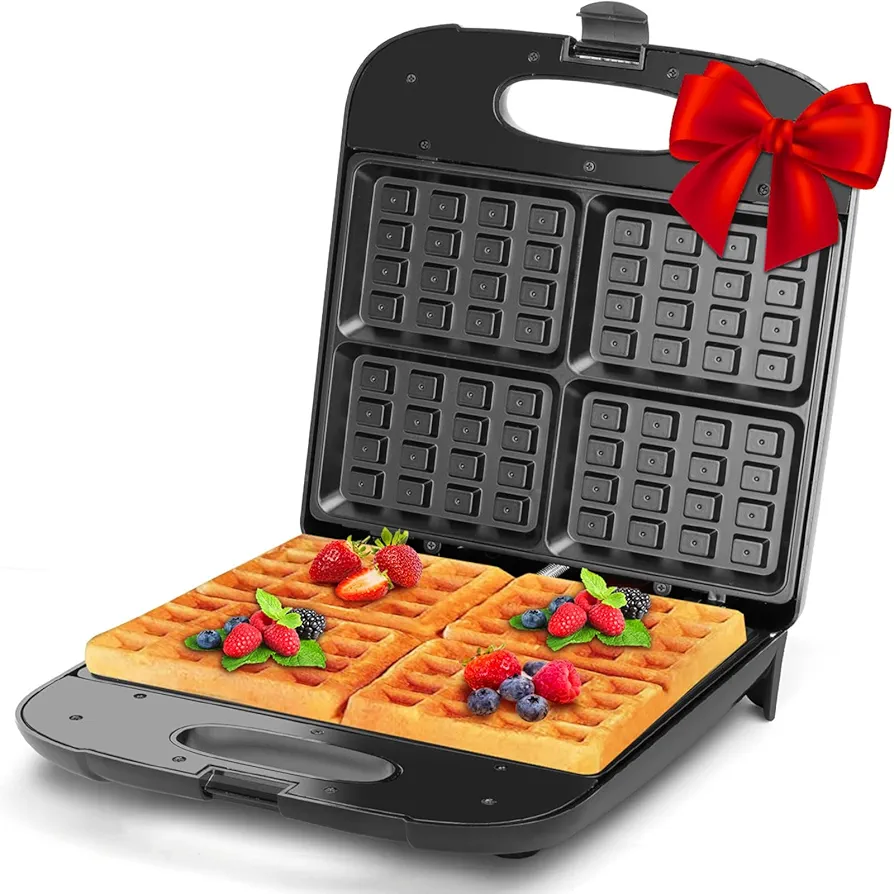 Aigostar Waffle Maker, 4-Slice Nonstick Waffle Iron, 1400W Square Waffle Machine with Indicator Lights for Hash Browns, Snacks, Breakfast & Lunch, Easy to Clean, PFOA Free, ETL Certificated, Black