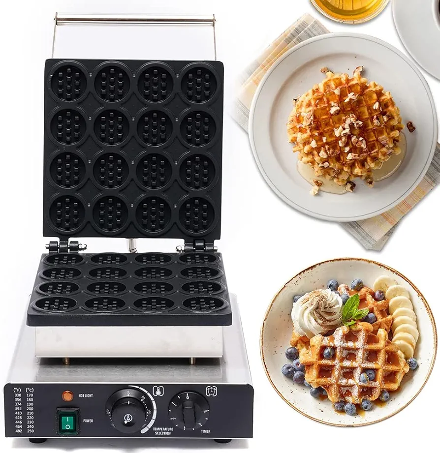 1750W Electric Mini Round Waffle Maker,16pcs Commercial Belgian Waffle Maker Dutch Pancakes Baker Machine Nonstick for Restaurant Snack Bar Baking