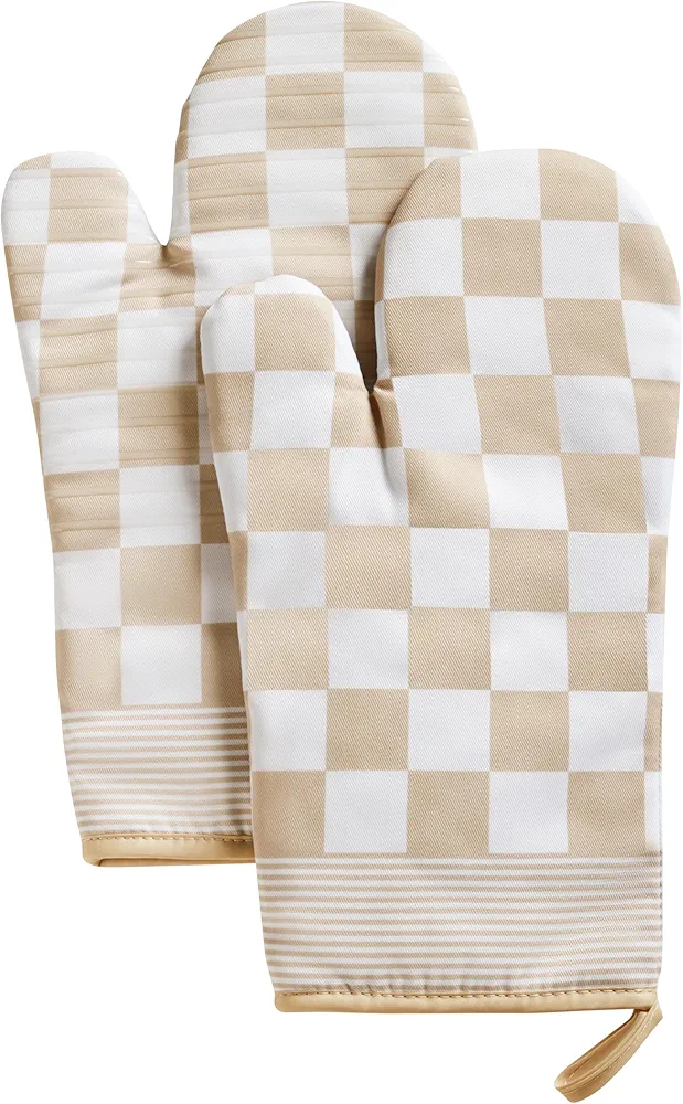 Beige Checkered Oven Mitts Heat Resistant, Vintage Retro Checkerboard Cute Oven Mitts, Non-Slip Silicone Kitchen Oven Mitts Gloves 1 Pair 7''x13''