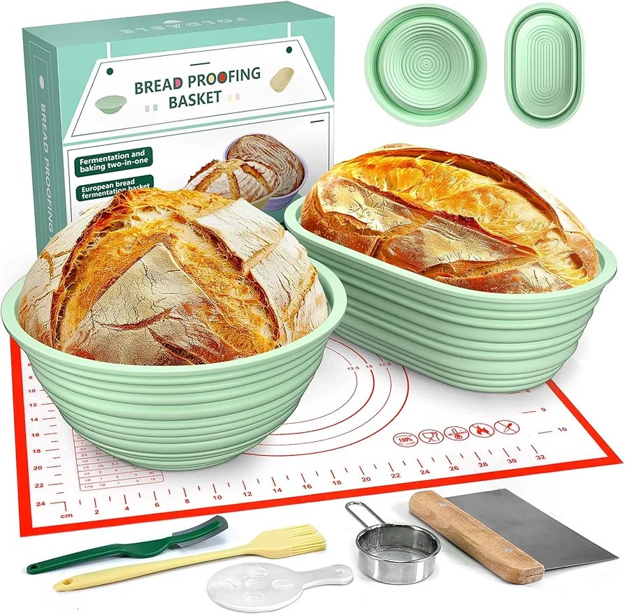 Sourdough Bread Baking Supplies Starter Set, 9'' & 10'' Proofing Baskets, Scoring Lame, Dough Scraper, Bread Mat, Brush, Sugar Sifter, Baking Kit
