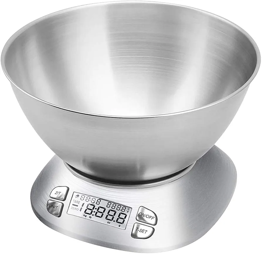 Digital Kitchen Scale with Removable Bowl 2.5L Volume, Electronic Stainless Steel Food Scale for Cooking Baking, Room Temperature, Alarm Timer, 12lb 5.5kg, Batteries Included