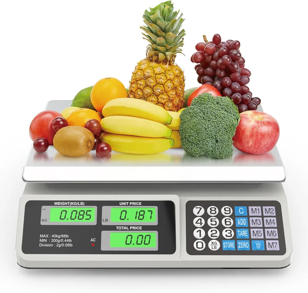 88lb/40kg Digital Price Computing Scale - Digital Commercial Food Scale with Price Calculator for Farmers' Markets, Retail Outlets, Meat Shops & Deli - Accurate Counting and Dual LCD Display