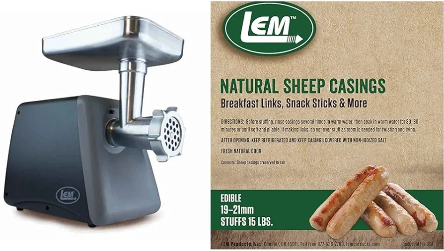 LEM Products #8 Countertop Meat Grinder, 575 Watt Aluminum Electric Meat Grinder Machine & Products Natural Sheep Casings, 19-21mm, Edible Sausage Casings, Stuffs Approximately 15 Pounds