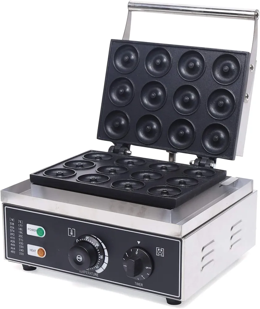 Commercial Donut Maker, 12-Hole Electric Waffle Donut Machine Mini-Pie Baking Pan for Cupcake Quiche 1550W Double-sided Heating Snack Maker Stainless Steel Baker 122-572℉ Range