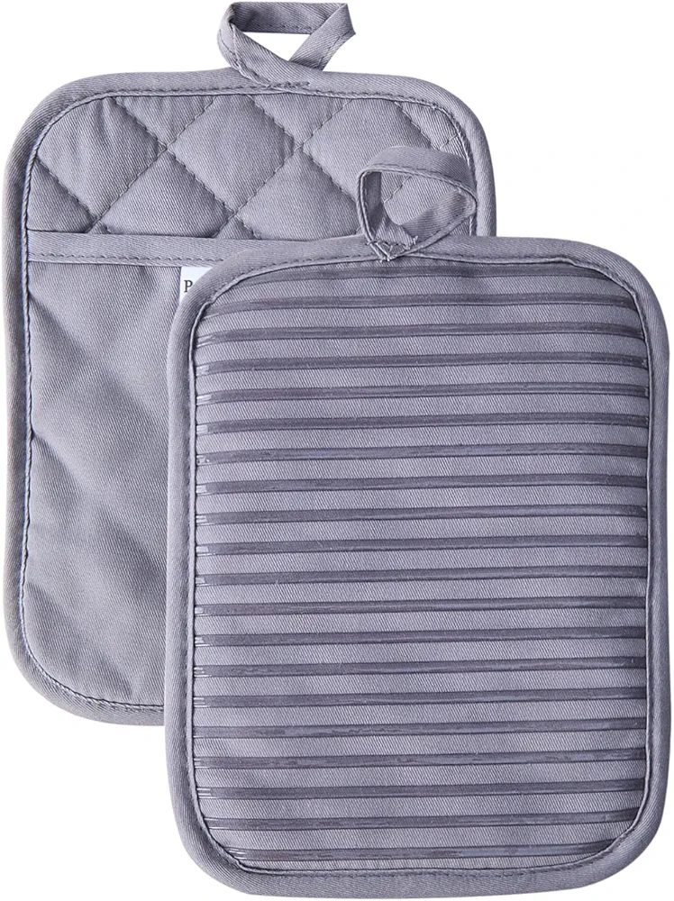 Kitchen Everyday Basic Pot Holder Heat Resistant Coaster Soft Silicone Water Resistant Pot Holder Set Oven Mitts with Pocket, 2 Piece Set, 7"x9" Grey