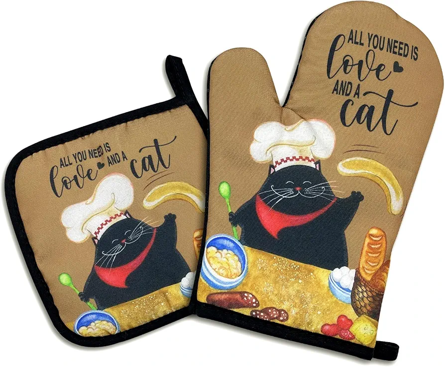 All You Need is Love and A Cat,Funny Oven Mitts and Pot Holders Sets of 2,Silicone Non-Slip Oven Mitts,Kitchen Gift for Men Women,Cat Oven Mitts,Cat Lover Gift