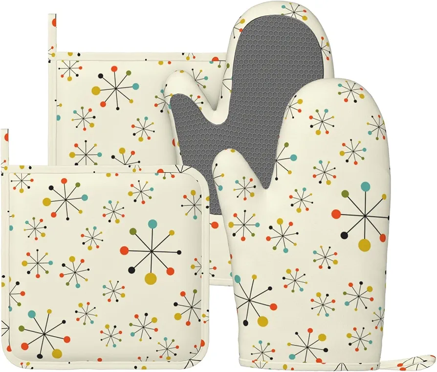 Vintage Mid Century Oven Mitts and Pot Holders Set of 4 Silicone Heat Resistant Oven Mitten Potholders Non Slip Gloves Kitchen Decor for BBQ Cooking Grilling Baking