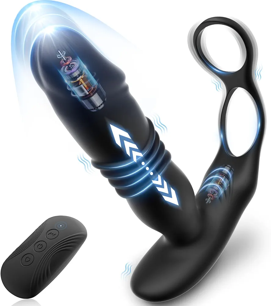 Thrusting Anal Plug Butt Plug Sex Toys - Male Sex Toy for Men Adult Toys Anal Dildo Prostate Massager with & 12 Vibrating & 3 Thrusting & Dual Cock Ring for Women Couples Remote Control Waterproof