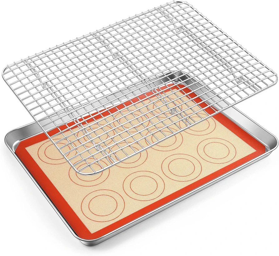 TeamFar Baking Sheet, 16’’ x 12’’ x 1’’ Stainless Steel Baking Cookie Sheet Pan with Cooling Rack & Silicone Mat Set for Oven, Non-toxic & Healthy, Dishwasher Safe & Easy Clean – Set of 3