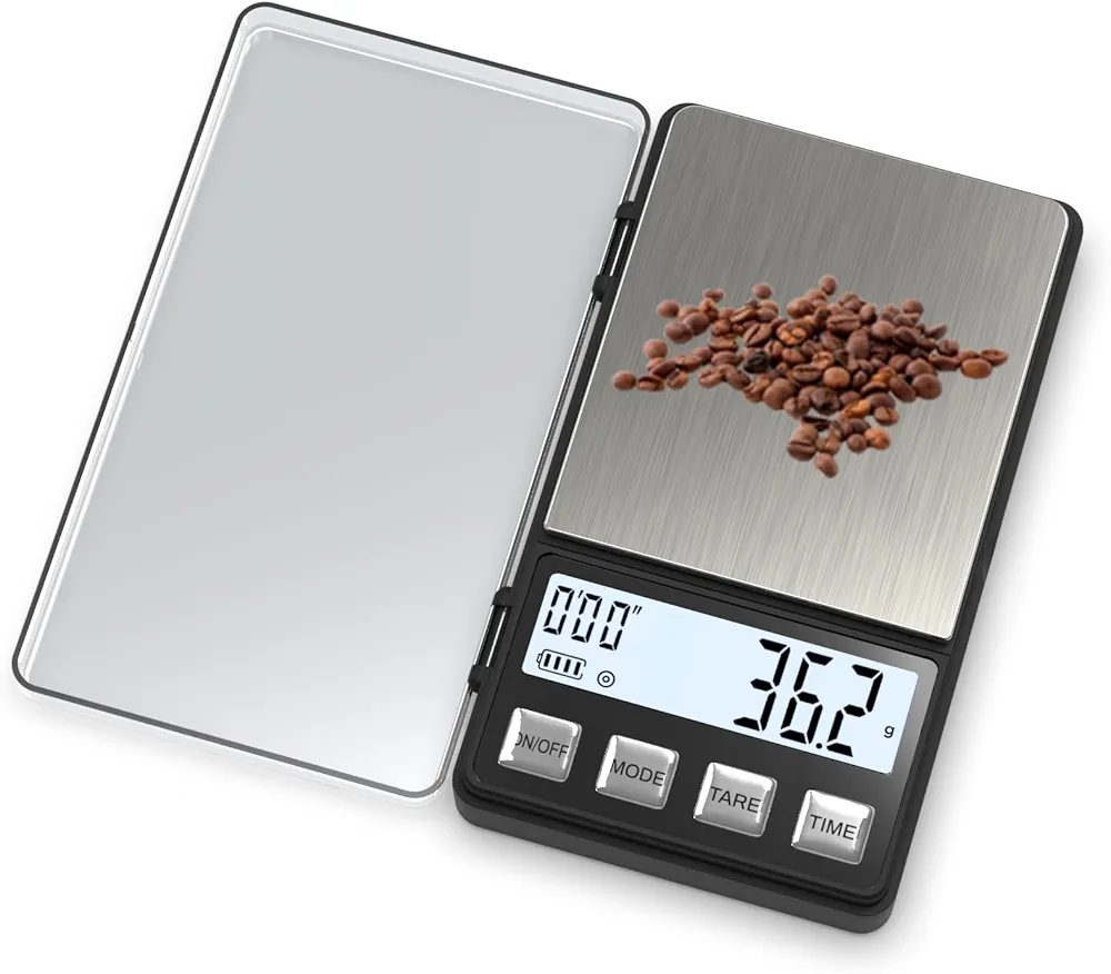 WEIGHTMAN Espresso Scale with Timer 1000g x 0.1g Small & Thin Travel Coffee Scale, Mini Digital Scale Grams and Ounces with Large Backlit LCD Stainless Steel Pocket Food Scale Drip Tray Pulling Scale