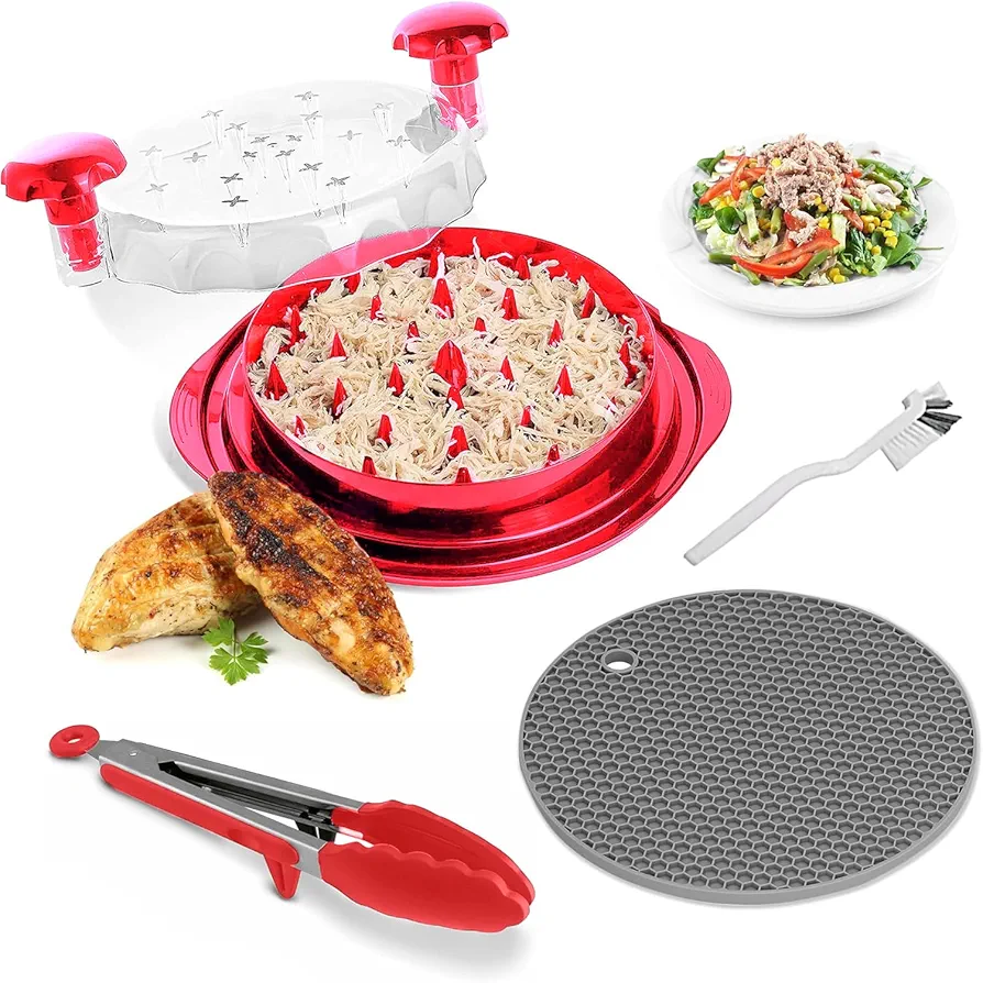 Chicken Shredder Tool Twist | 10" Large Capacity for Chicken Breast, Pulled Pork & Beef | Includes Tongs, Anti-Slip Mat & Cleaning Brush | Ergonomic Handle, Dishwasher-Safe |USA Quality | Red