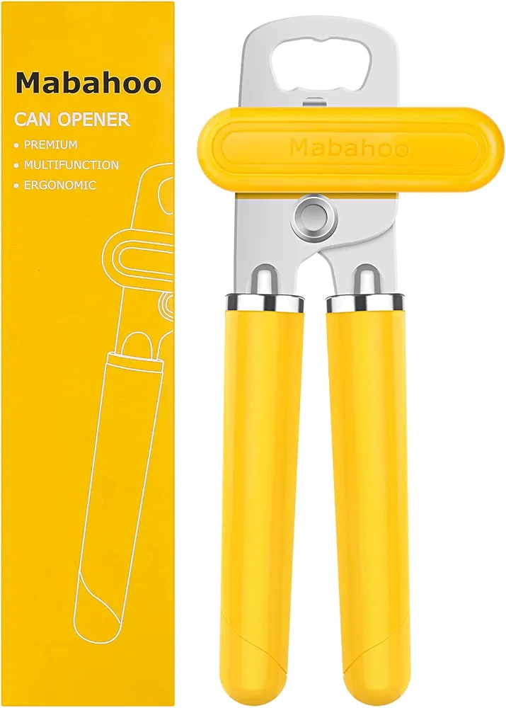 Can Opener Manual Heavy Duty Hand Can Opener, Handheld Smooth Edge Stainless Steel Can Openers Top Lid Kitchen Gadgets, Easy Turn Knob with Bottle Opener, Yellow