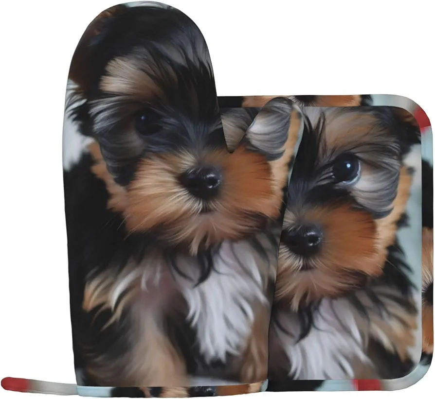 Yorkie Puppy Printed Oven Mitts and Pot Holders Sets Heat Resistant Non-Slip Oven Gloves and Potholders Soft Lining Silicone Kitchen Mitts Hot Pads 2Pcs for Cooking