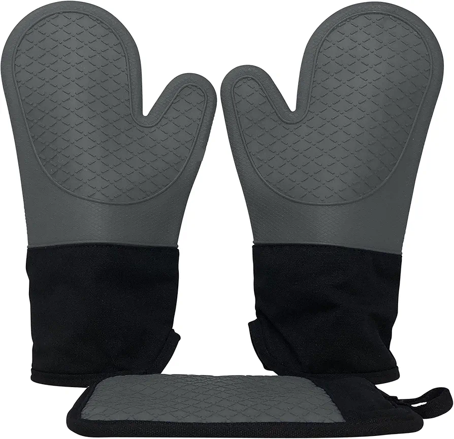 Oven Mitt and Pot Holder Set - Heat Resistant Silicone, Non-Slip Grip, Cotton Lining, Cook, Bake, BBQ, Set of 3, Grey