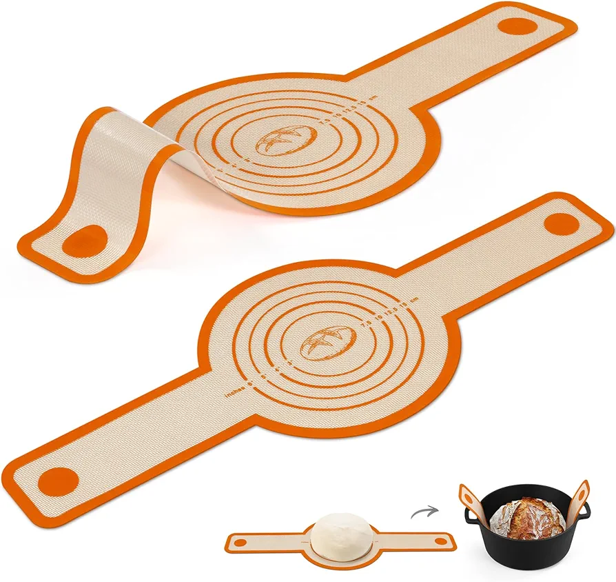 P&P CHEF Silicone Bread Sling for Dutch Oven Set of 2, Nonstick Bread Baking Mats with Long Handles, Reusable Sourdough Bread Baking Supplies, Easy to Clean & Transfer, (Orange)