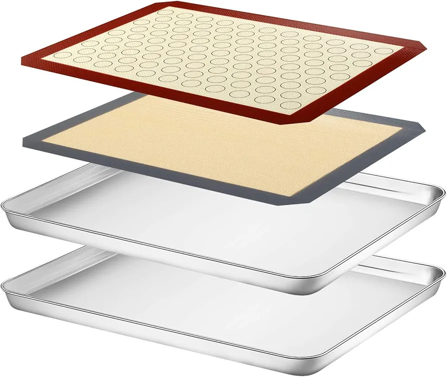 Baking Sheet with Silicone Mat Set, Yododo Set of 4 (2 Sheets + 2 Mats), Stainless Steel Cookie Sheet Baking Pan Tray with Silicone Mat, Non Toxic & Heavy Duty & Easy Clean - Size of 16 inch
