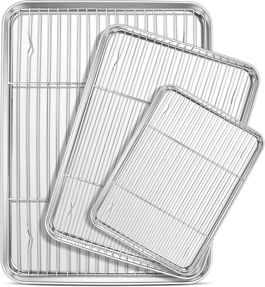 E-far Baking Sheet with Cooling Rack Set (3 Pans + 3 Racks), 16/12.5/9.3 Inch Stainless Steel Cookie Sheets Baking Pans and Wire Rack for Oven, Non Toxic & Easy Clean