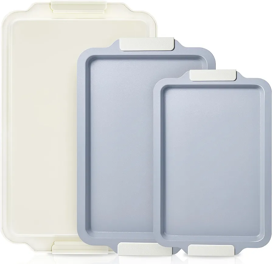 Non Stick Ceramic Baking Sheet Pan Set of 3, Natural Non Toxic Cookie Sheets for Baking - PFOA, PTFE Free, Heavy Duty Aluminized Steel Oven Trays for Cooking with Silicone Handles, Cream
