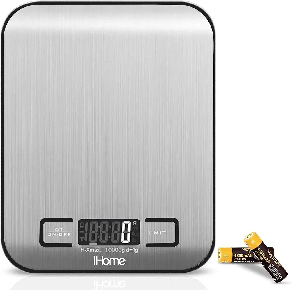 iHome Digital Food Scale for Kitchen - Stainless Steel Digital Scale Kitchen (Gm/Oz) - Weight Ounces and Grams for Cooking and Baking - Batteries Included (LCD Display)
