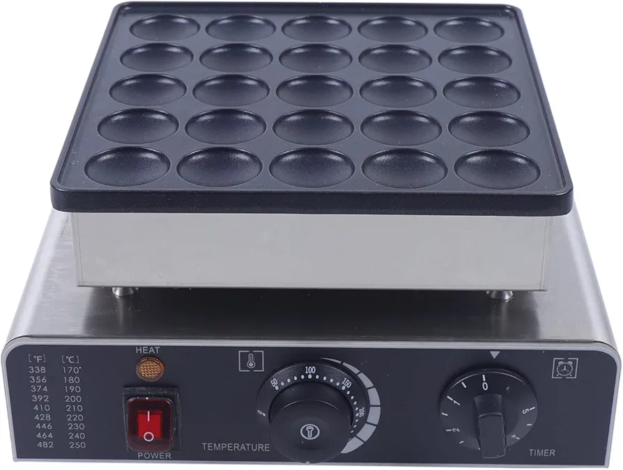 800W Commercial Mini Dutch Pancake Baker 25 Holes Commercial Electric Nonstick Waffle Maker Machine with Precise Temp & Time Control