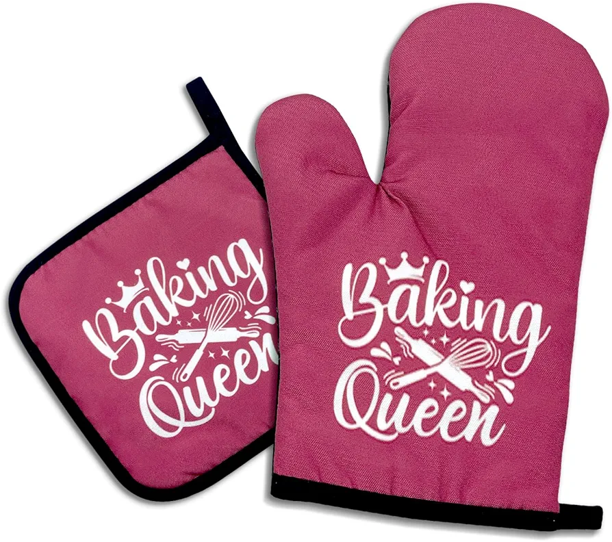 Baking Queen,Funny Oven Mitts and Pot Holders,Silicone Non-Slip Oven Mitts,Kitchen Gift for Women,Bake Lover Gift,Chef Gift,Housewarming Gift Ideas