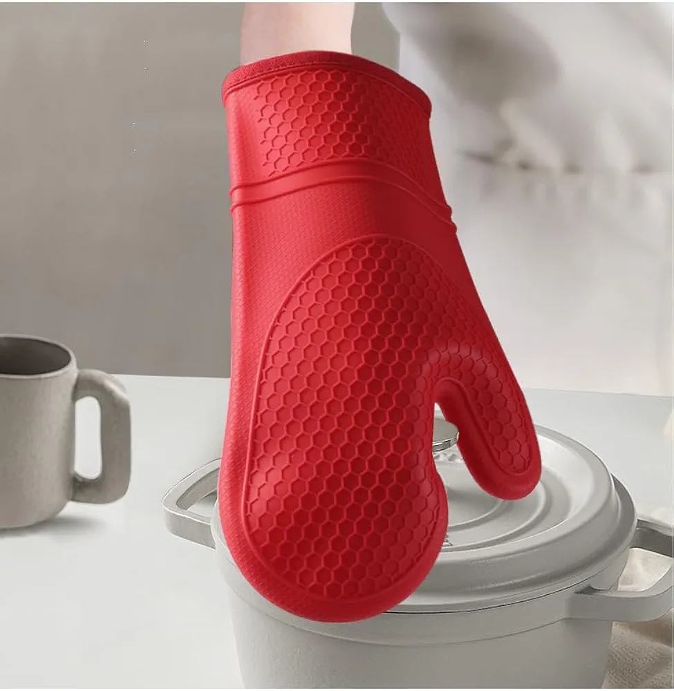 Set of 2 Silicone Oven Mitts, Oven Gloves with Non-Slip Waterproof,Oven Gloves with Soft Lining, for Cooking Baking Kitchen Mittens (red)