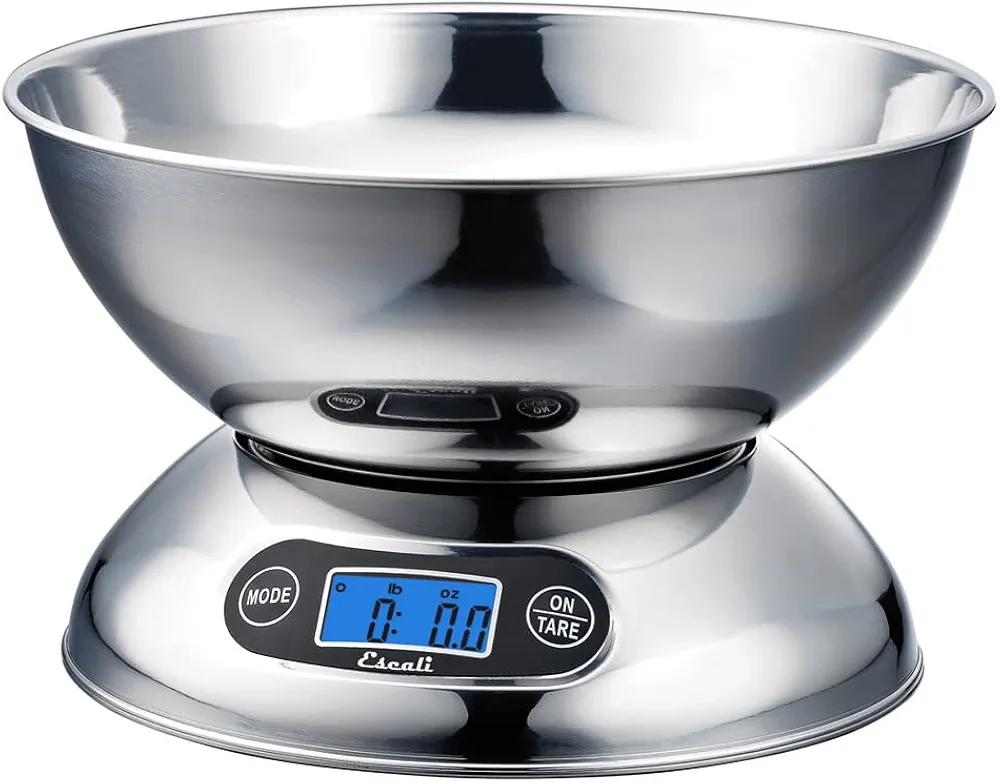 Escali Rondo Contemporary Kitchen Bowl Scale 2-Quart, Dishwasher Safe Bowl, Measures Liquids and Dray Ingredients, LCD Digital Display, 11lb Capacity, Stainless Steel