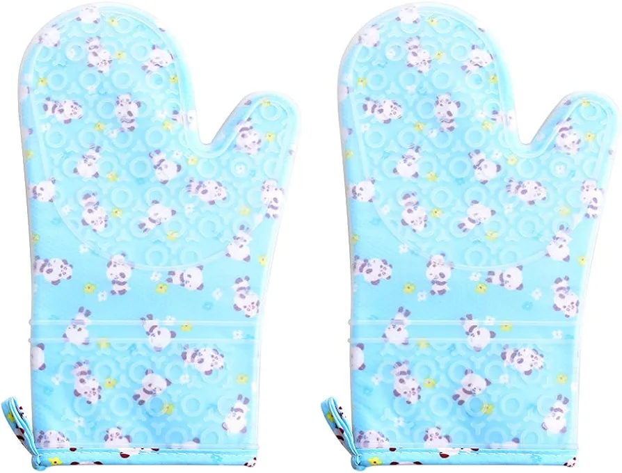 Silicone Oven Mitts Set of 2, Cute Print Soft Cotton Lining, Long Flexible Oven Gloves for Cook and Bake, Waterproof Kitchen Mitt Potholders, 12in, Blue Panda Christmas Thanksgiving New Year's Gifts