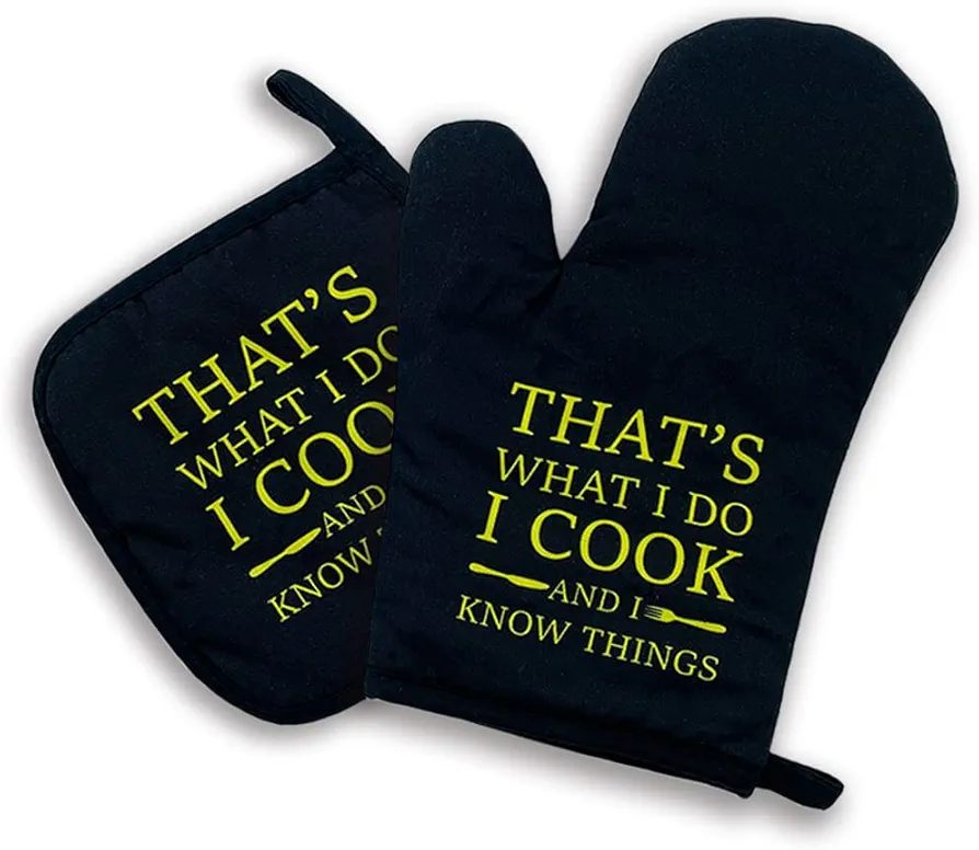 That's What I Do I Cook and I Know Things,Oven Mitts and Pot Holders Sets of 2，Funny Oven Mitt，Great Birthday Gifts for Dad Boyfriend,Gift for Chef, Lovers, Mom