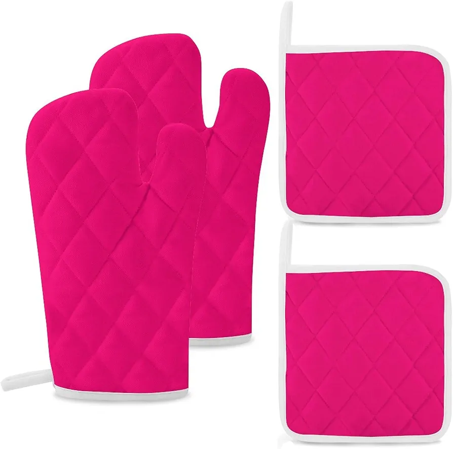 4PCS Oven Mitts and Pot Holders Sets, Chic Hot Pink Fuchsia Solid Plain Elegant Modern Oven Mitts Set Heat Resistant Kitchen Microwave Gloves Safe for Baking,Cooking, BBQ