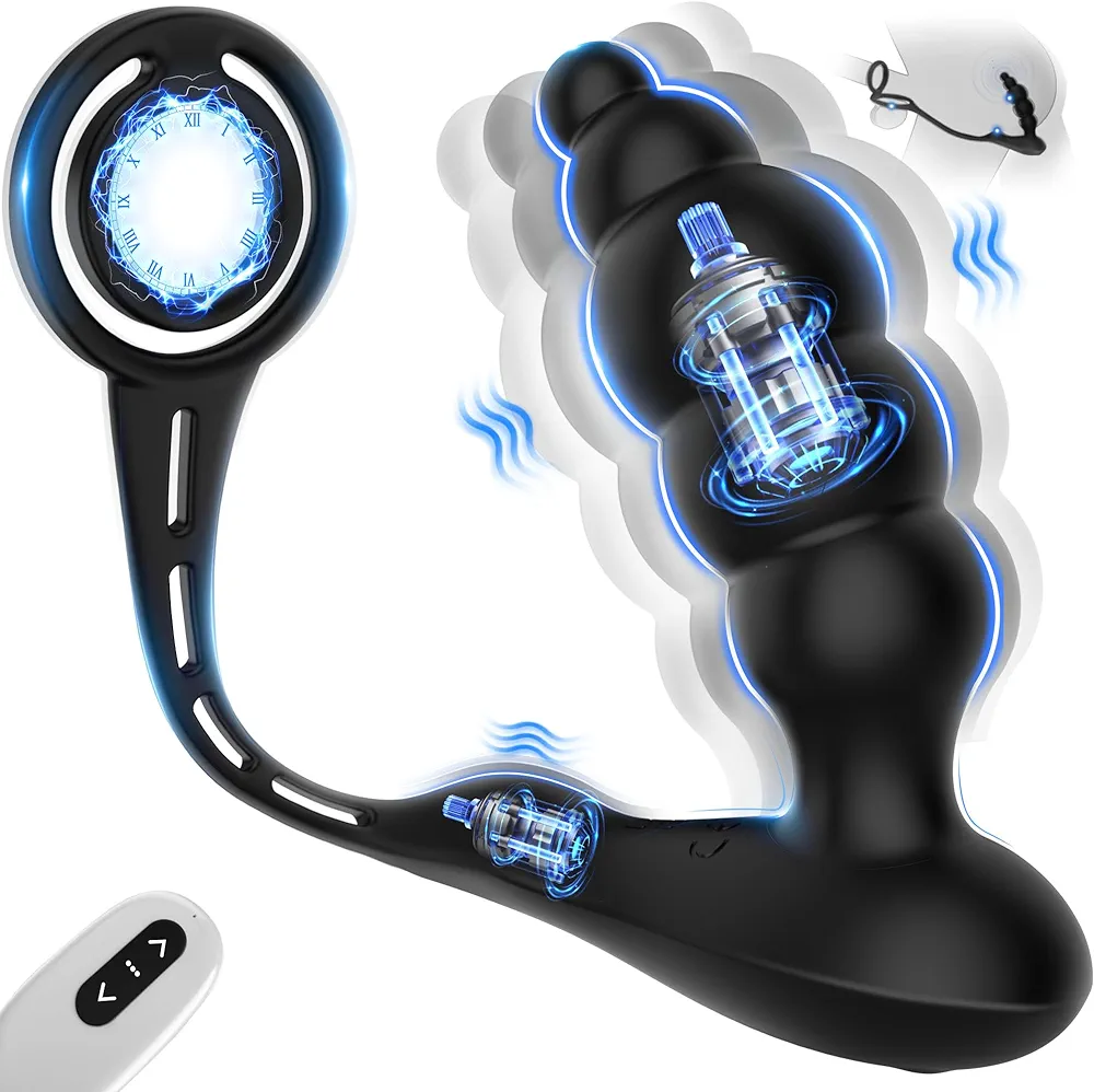 Anal Beads Male Sex Toys - 3 in 1 Prostate Massager with Dual Cock Rings 5 Graduated Anal Bead, Remote Control Anal Vibrating Butt Plug with 10 Modes, Anal Sex Toys for Men Couple Pleasure
