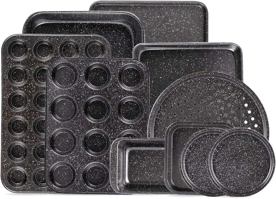 10-Piece Nonstick Baking Set With Baking Pan, Cookie Sheet Set, Cake /Muffin Pan, and Pizza Pan, 10-Piece Set Bakeware Sets (Ceramic Coated Black)