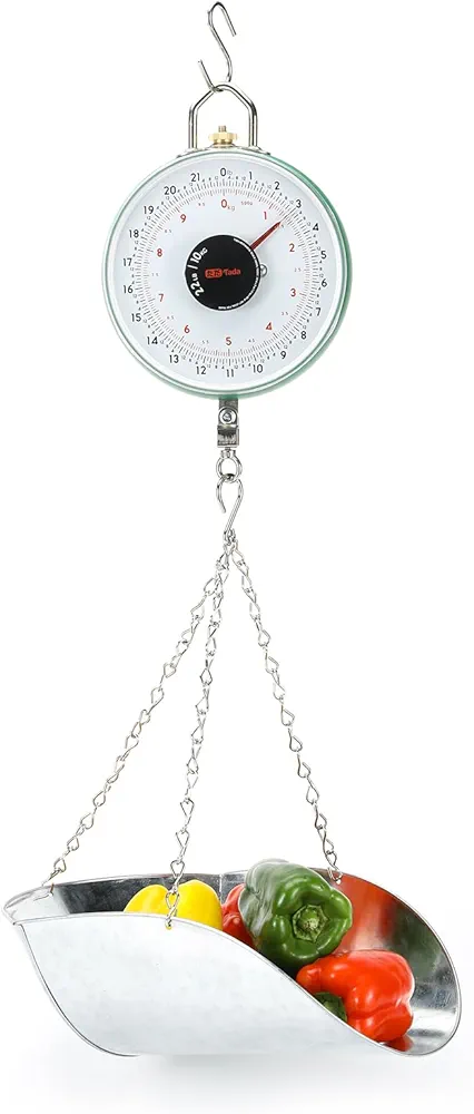 Tada 22LBS Double-Sided Dial Mechanical Hanging Scale with Scoop/Chain for Farm, Kitchen Food and Produce Weighing