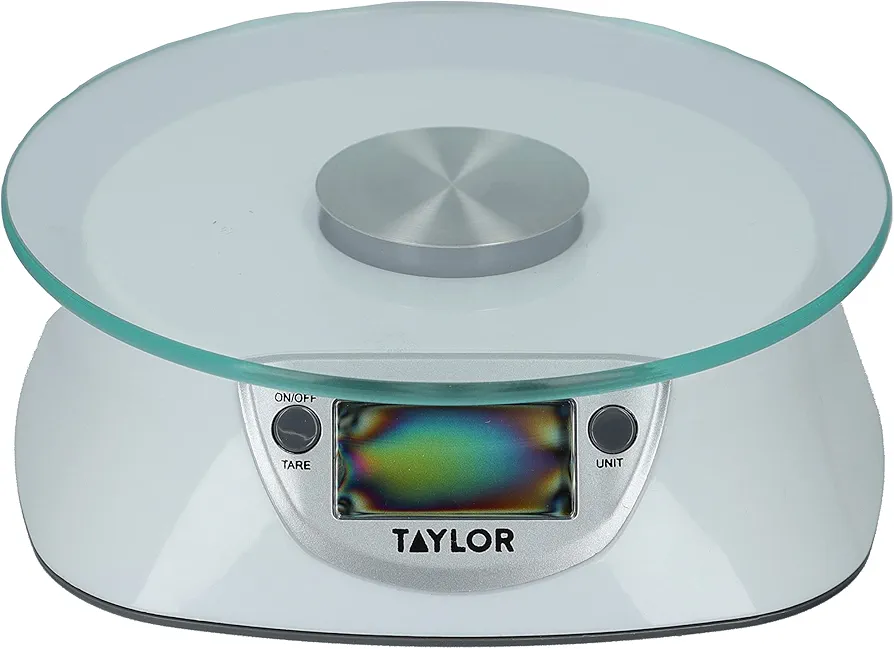 Taylor Digital Kitchen Food Scales with Glass Platform, Highly Accurate with Tare Function and Precision, Silver Weighs 5 kg / 5,000 ml Capacity