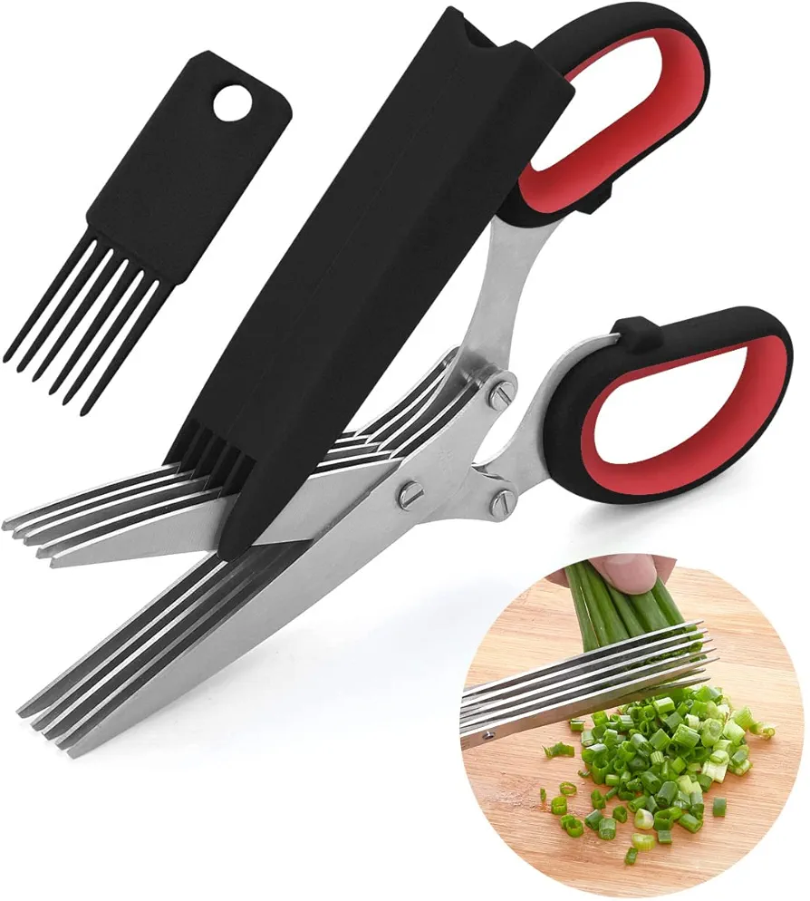 LHS Herb Scissors with 5 Blades and Safe Cover Kitchen Gadgets Cutter, Salad Scissors, Sharp Dishwasher Safe Kitchen Gadget, Culinary Cutter - Black