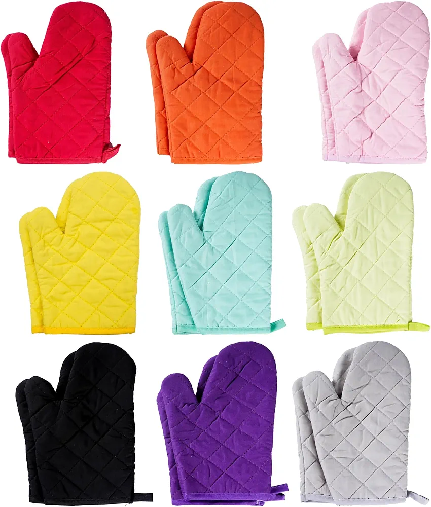 9 Pairs Oven Mitts Set, 11 Inch Heat Resistant Quilted Cotton Polyester Kitchen Gloves for Baking, Cooking, Grilling – Extra Long, Soft, and Sturdy Hot Mitts for Safe Handling Multi-Color Pack