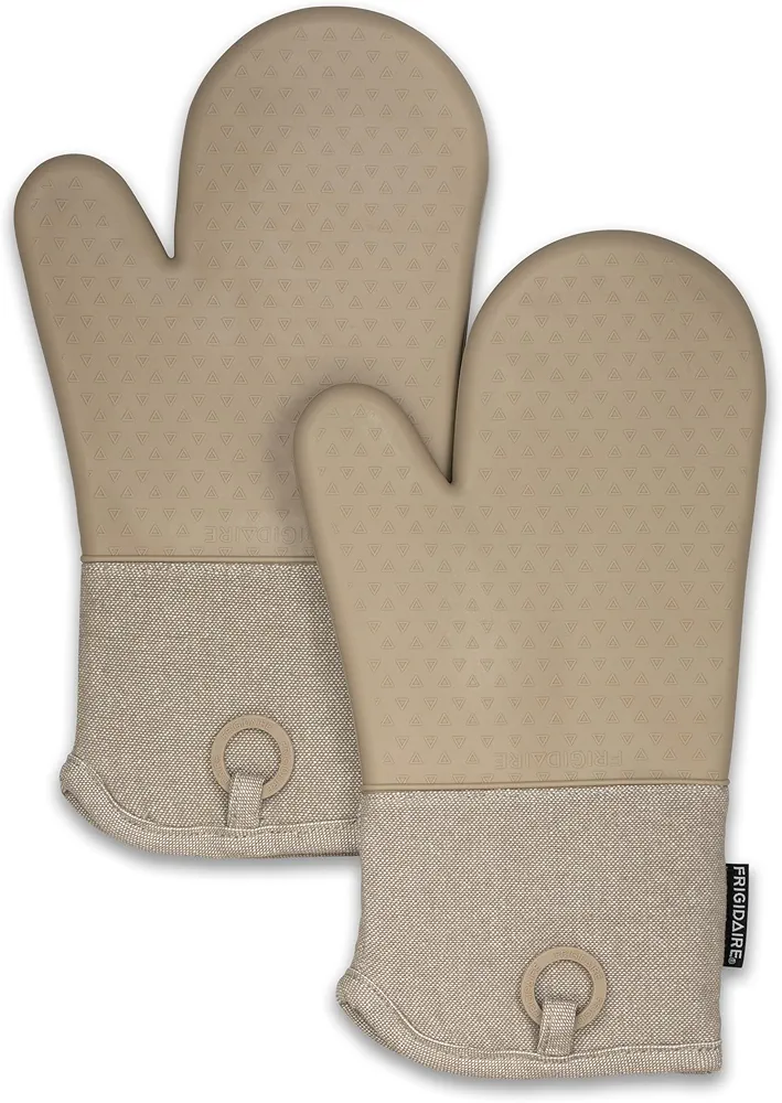 Frigidaire Sasha Cotton and Silicone Oven Mitts, Heat Resistant, Anti-Slip, Machine Washable, 13”x 7 “,Beige, Set of 2