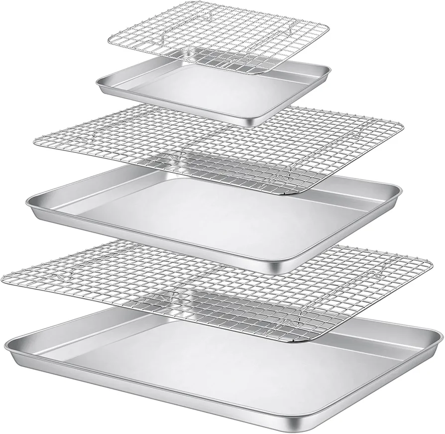 P&P CHEF Baking Sheets with Racks Set, 6 PCS (3 Pans + 3 Racks), Stainless Steel Cookie Baking Sheet Pan and Rack for Oven Cooking Roasting, Healthy & Easy Clean, 3 Sizes - 17.3” & 16” & 10.4”