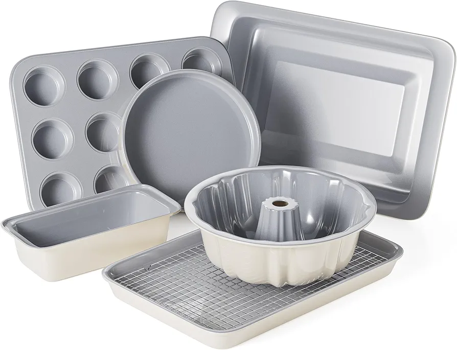 Ceramic Baking Pans Set - 7 PCS Nonstick Bakeware Sets Baking Sheets For Oven Baking Set With Cookie Sheet, Cake Pan, Loaf Pan, Muffin Pan, Roaster Pan, Cooling Rack - PTFE & PFOA Free Baking Supplies